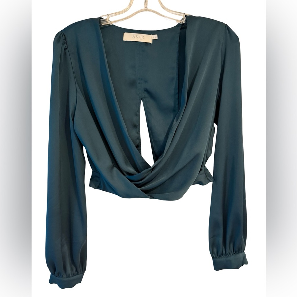 ASTR The Label Teal Satin Draped Twist Front Crop Top Size S